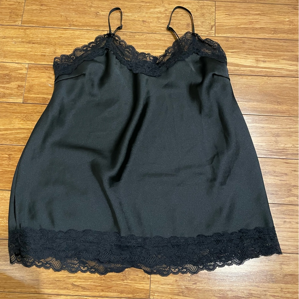 Satin Effect Black Blouse with Lace - Size S
